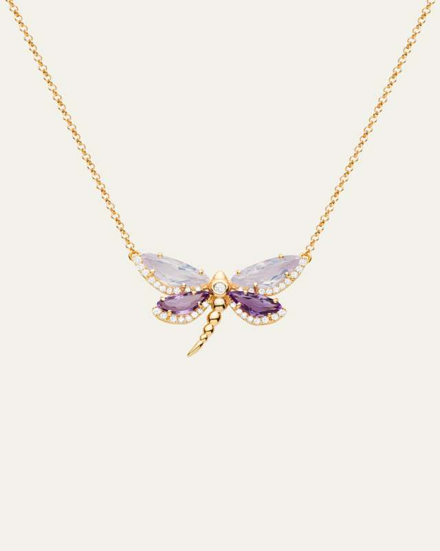 18K Rose Gold Medium Dragonfly Necklace with Opalose Quartz, Amethyst and Diamonds